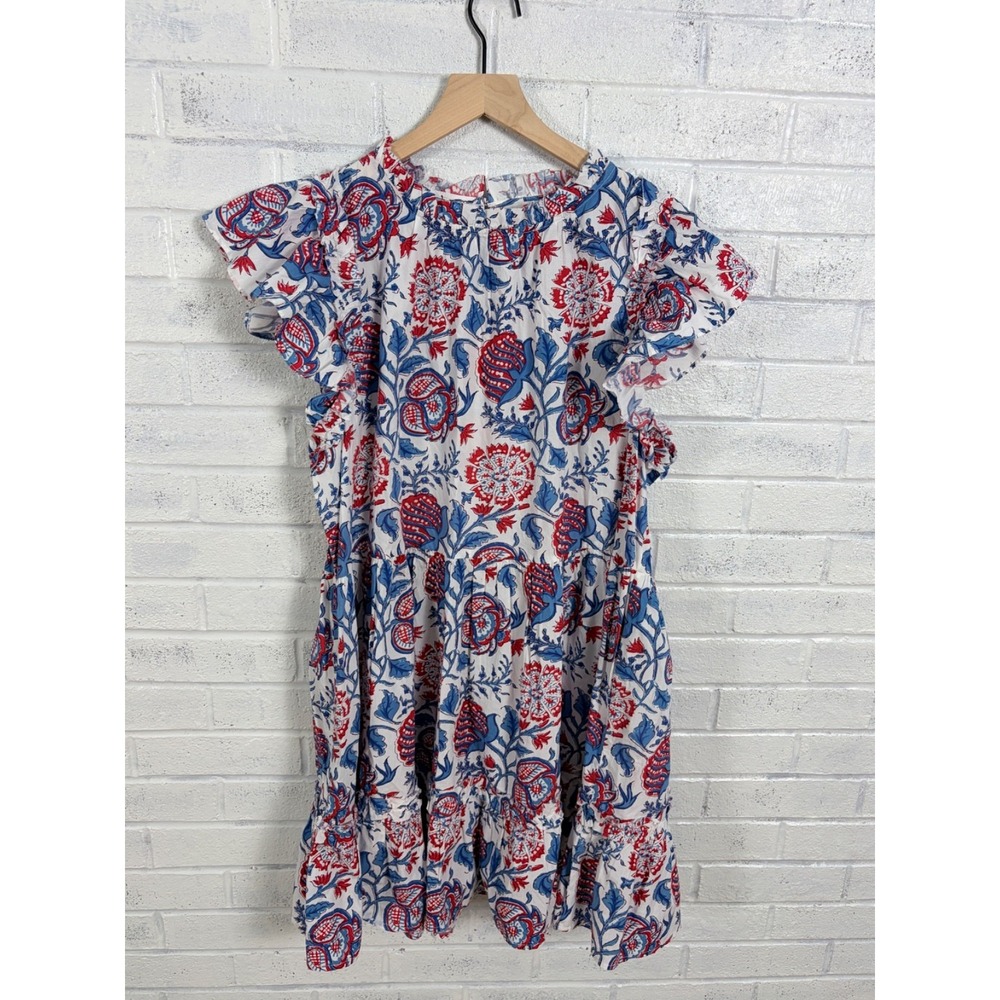 Caroline Constas Dress Womens XL Blue Red Floral Print Flutter Sleeve Cotton - Picture 2 of 10